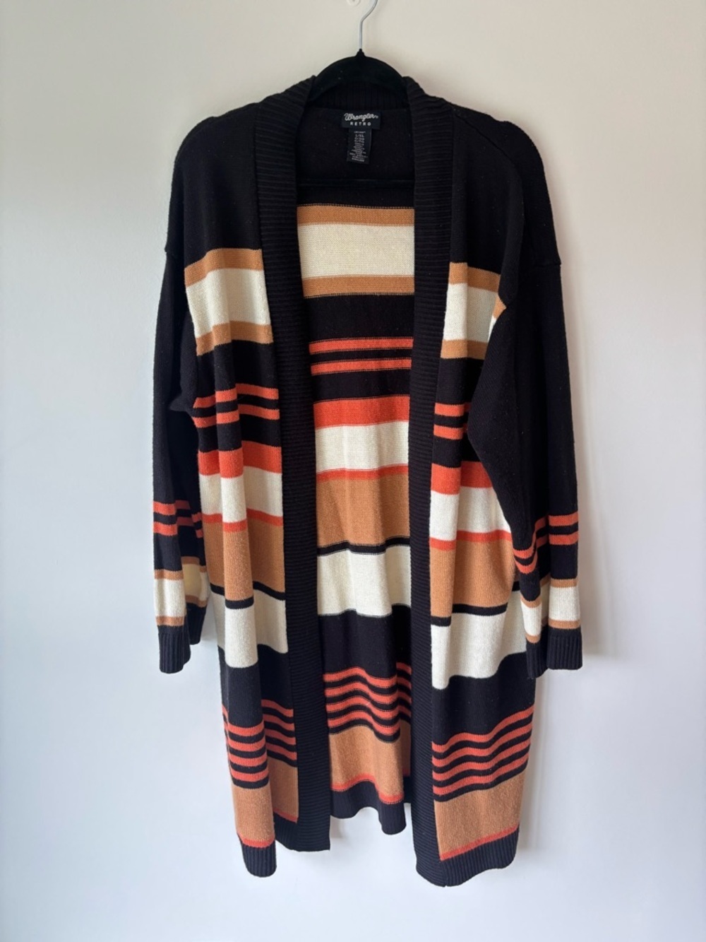 Wrangler Retro Black White Tan Pink Multi Striped Long Cardigan Western boho